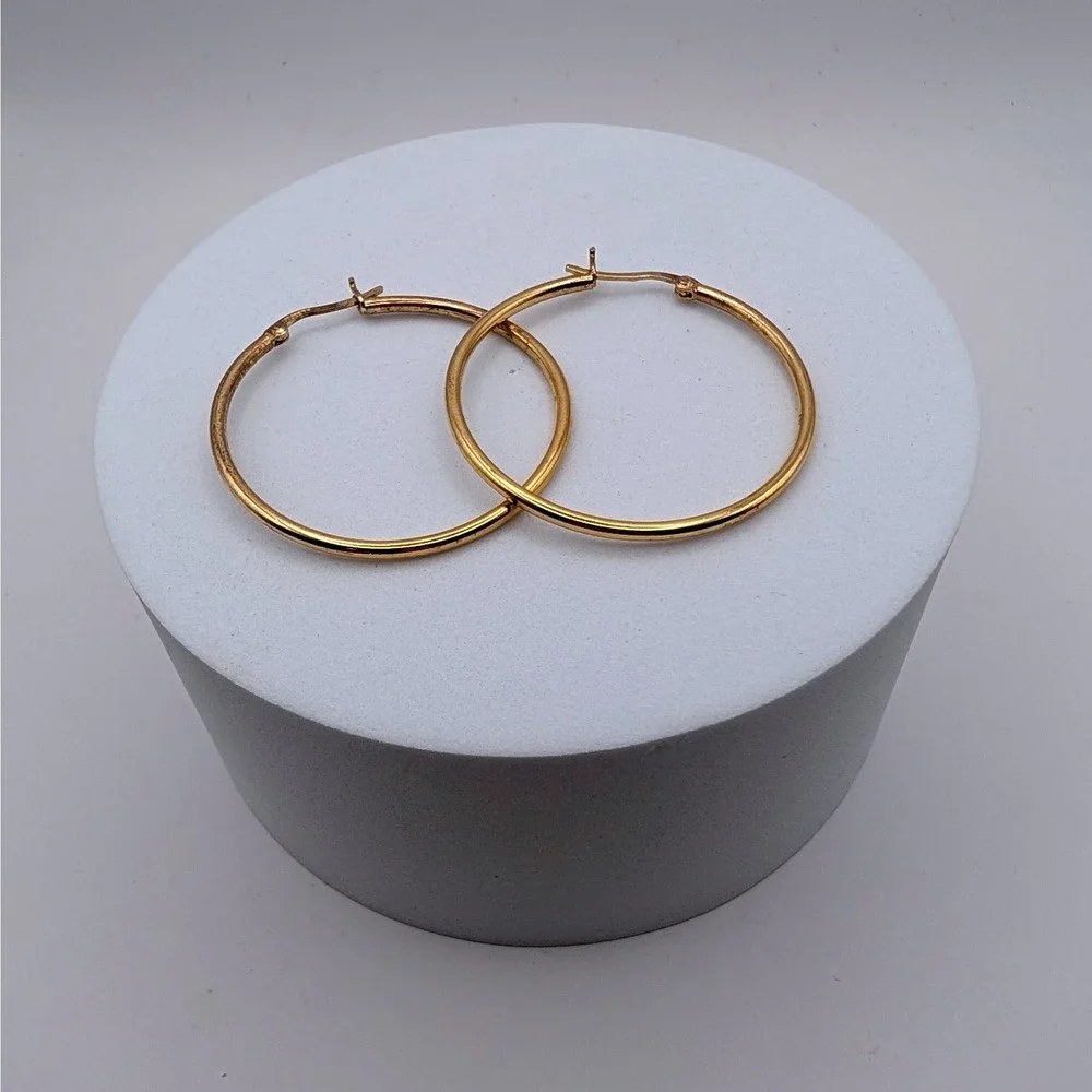 Vintage 1990s Gold Fill Sterling Silver 925 Hoop Earrings 1.5 Inch Round Latch